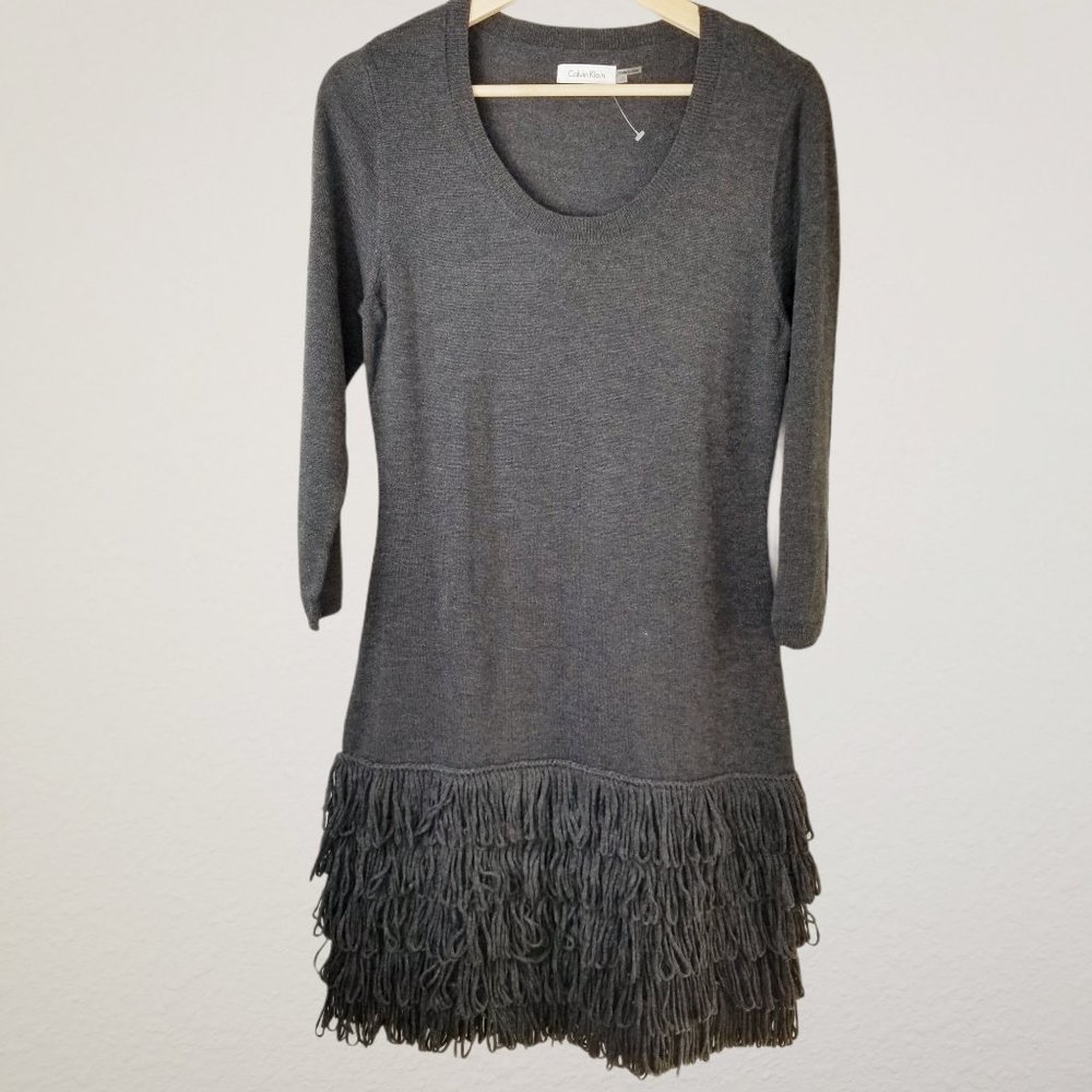 Calvin Klein Gray Fringe 3/4 Sleeve Sweater Dress